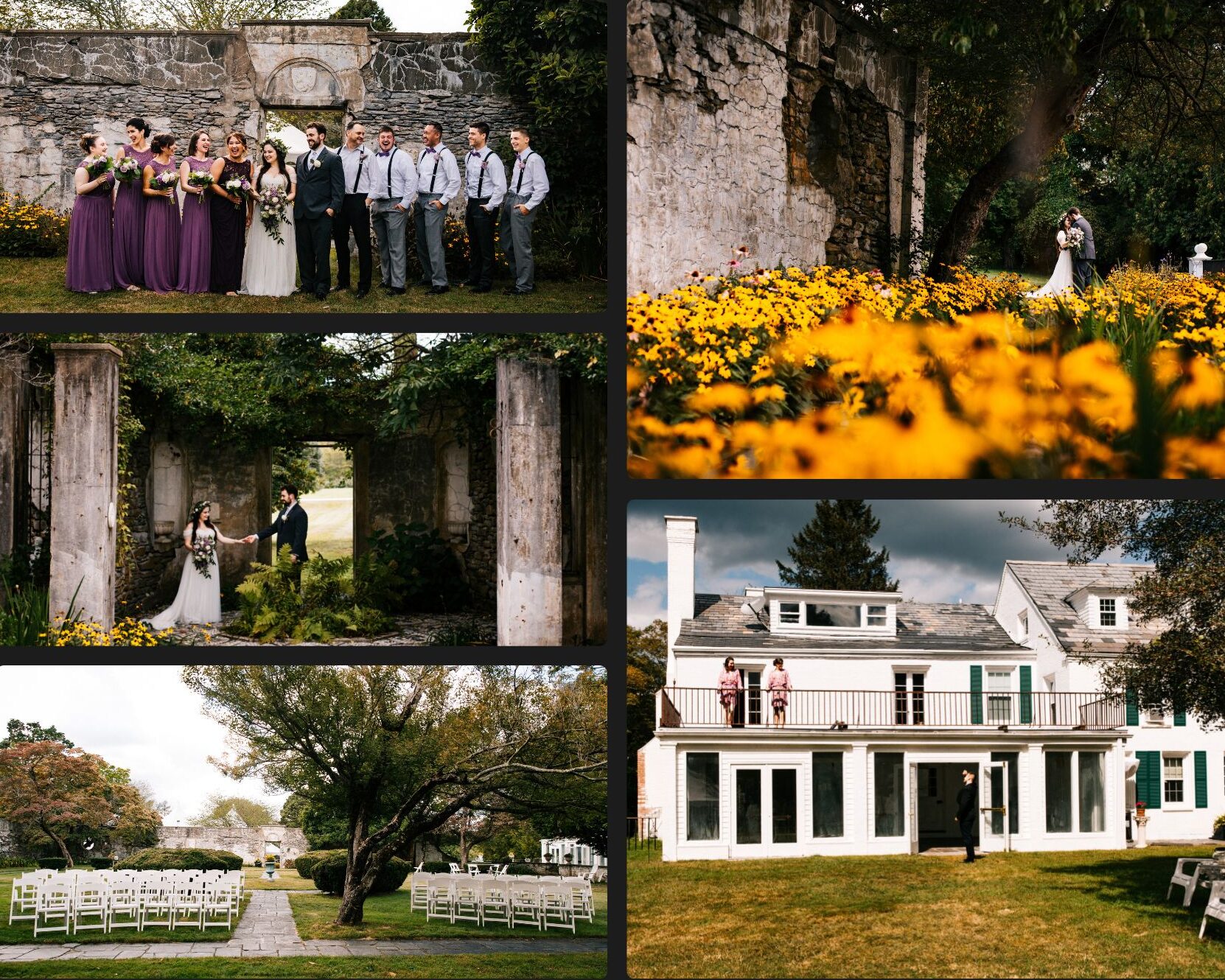A photo featuring smaller images of a wedding at Gwyn Careg Inn in Pomfret Center, Connecticut