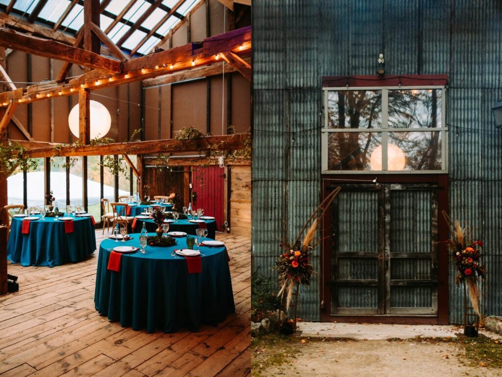 Eclectic table settings at a wedding at Race Brook Lodge in the Berkshires