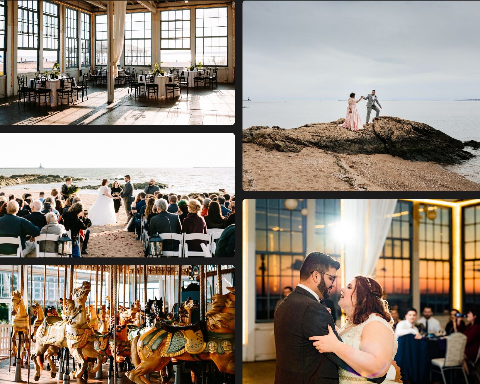 Several photos showcasing the different scenery and features of a wedding at Lighthouse Point Park in New Haven, Connecticut