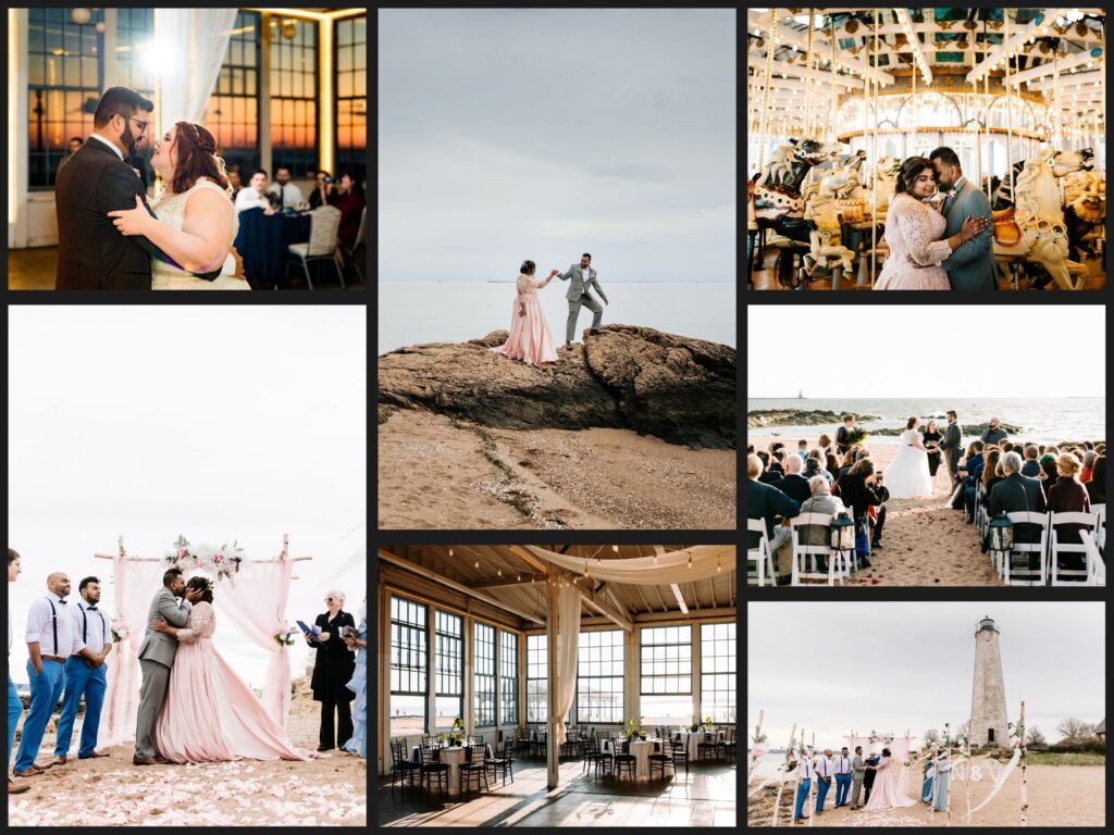 Several photos showing different weddings at Lighthouse Point Park in New Haven, Connecticut