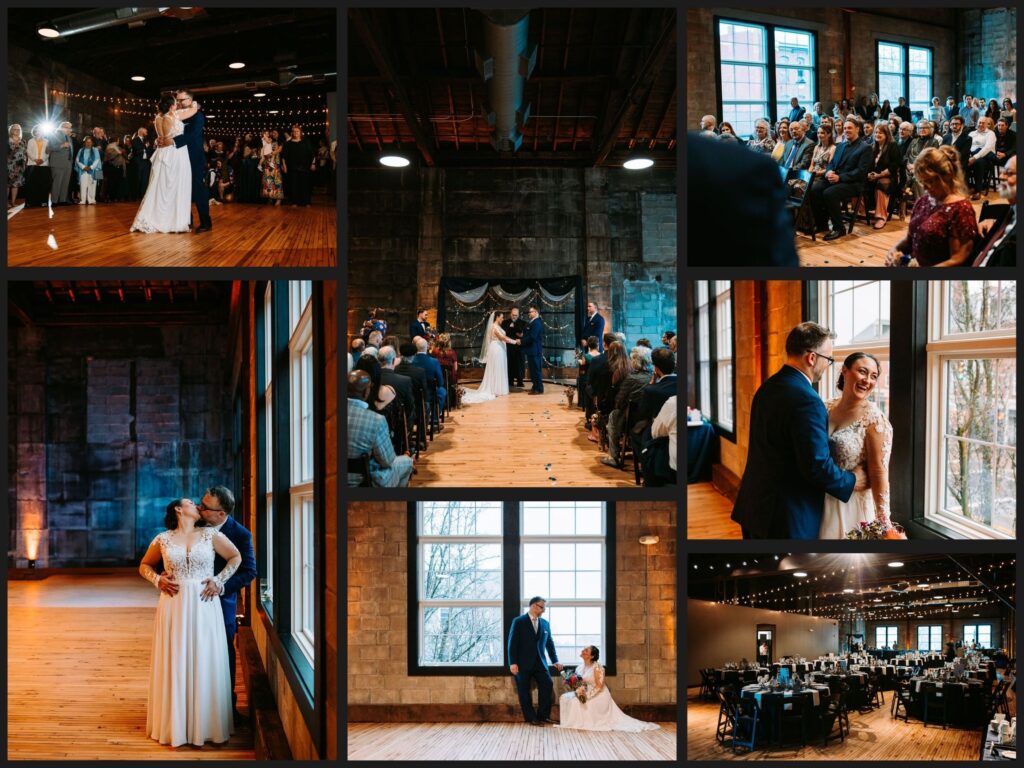 Several photos featuring the unique aspects of The Olio, a wedding venue in Massachusetts