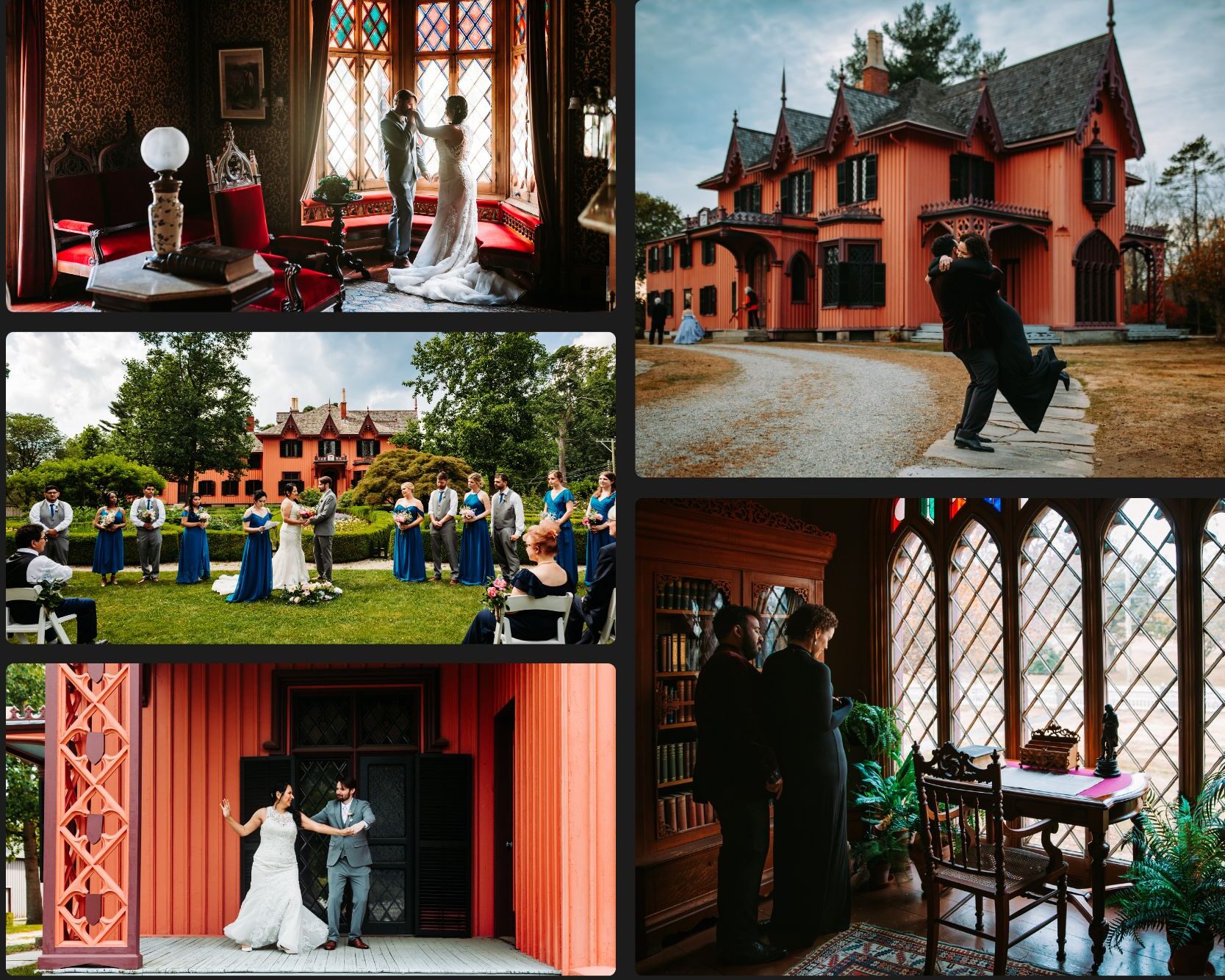 Different photos showing the unique aesthetic of the Roseland Cottage, a wedding venue in Woodstock, Connecticut