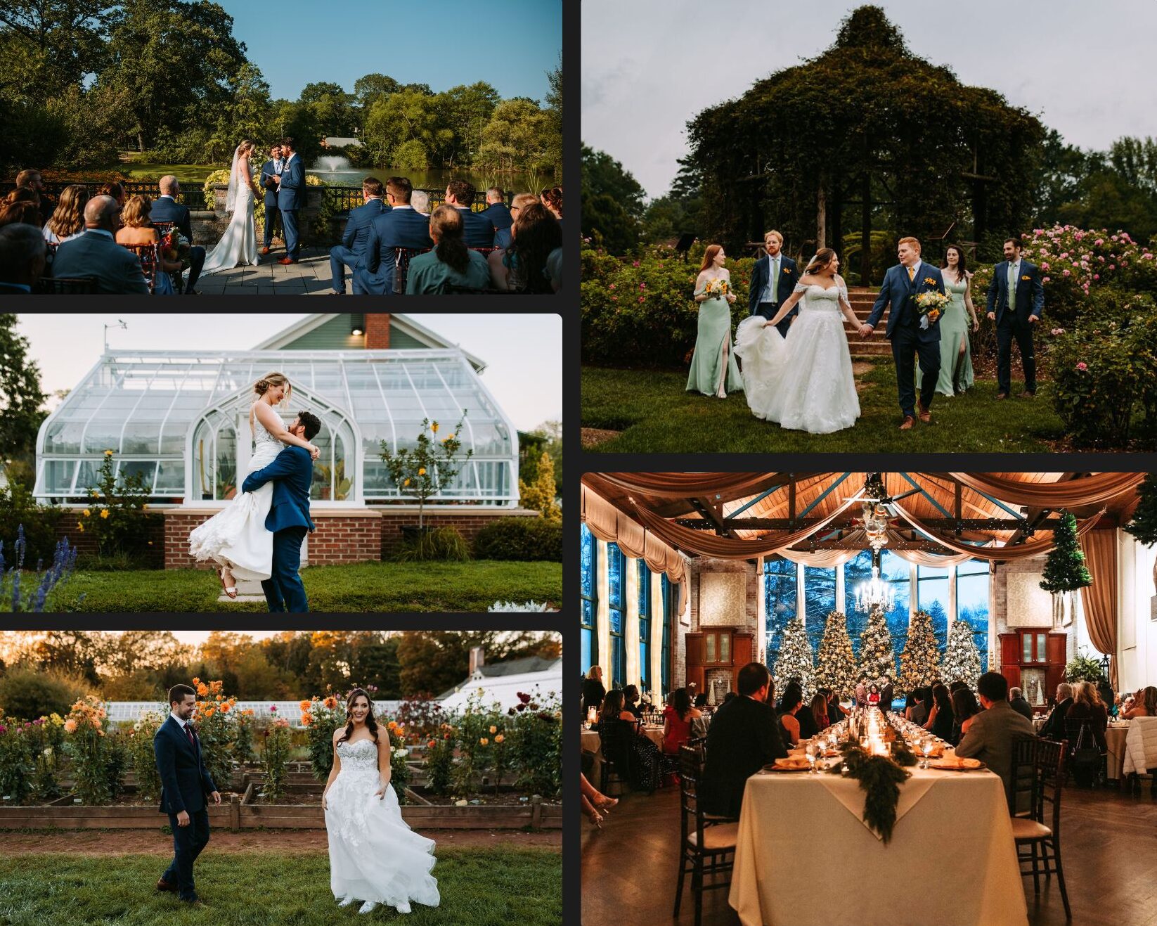 Photos of different weddings showing the versatility of The Pond House in Elizabeth Park in Hartford, Connecticut