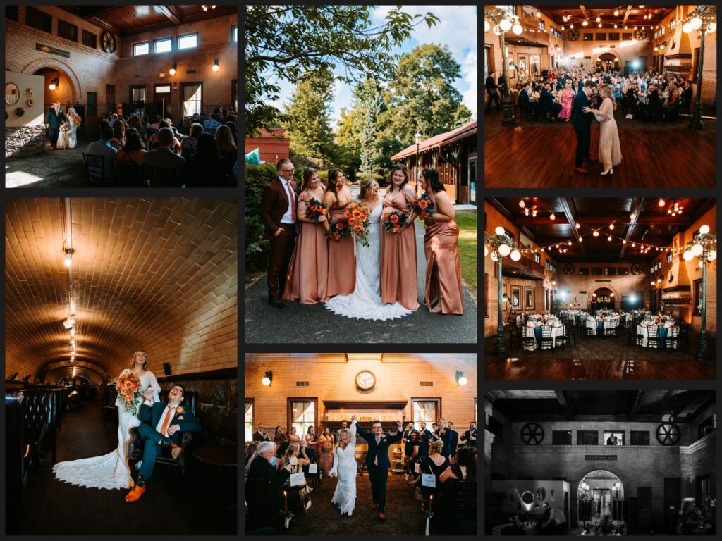 A spread of photos taken at the wedding venue, Union Station, in Northampton, Massachusetts