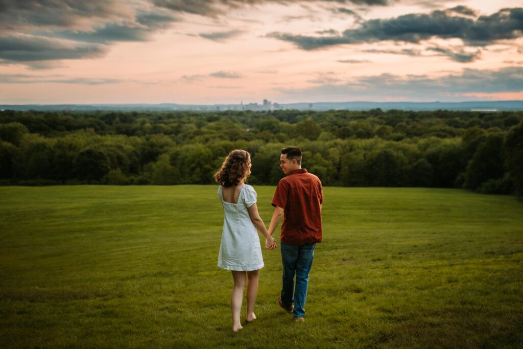 A couple's engagement photos overlooking the Hartford skyline in connecticut