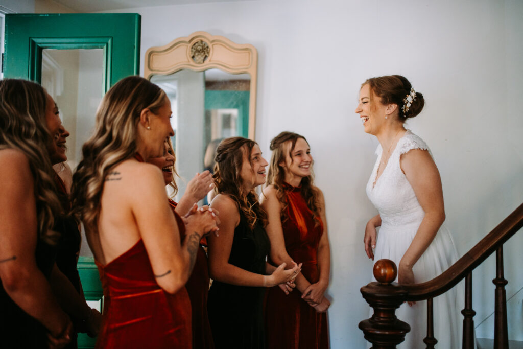 Bridesmaids react to bride during first look at Maple Rock Farm