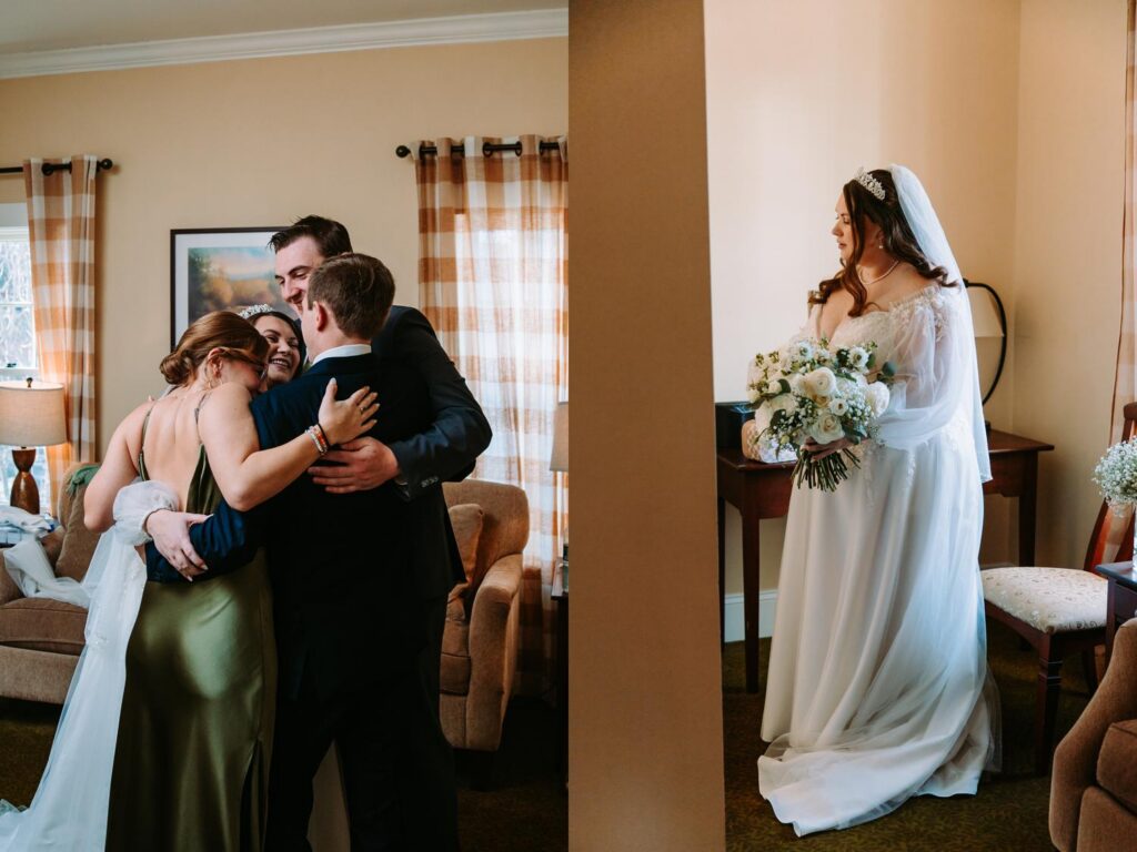 Marlee hugging family member while getting ready at The Publick House wedding in Sturbridge Massachusetts