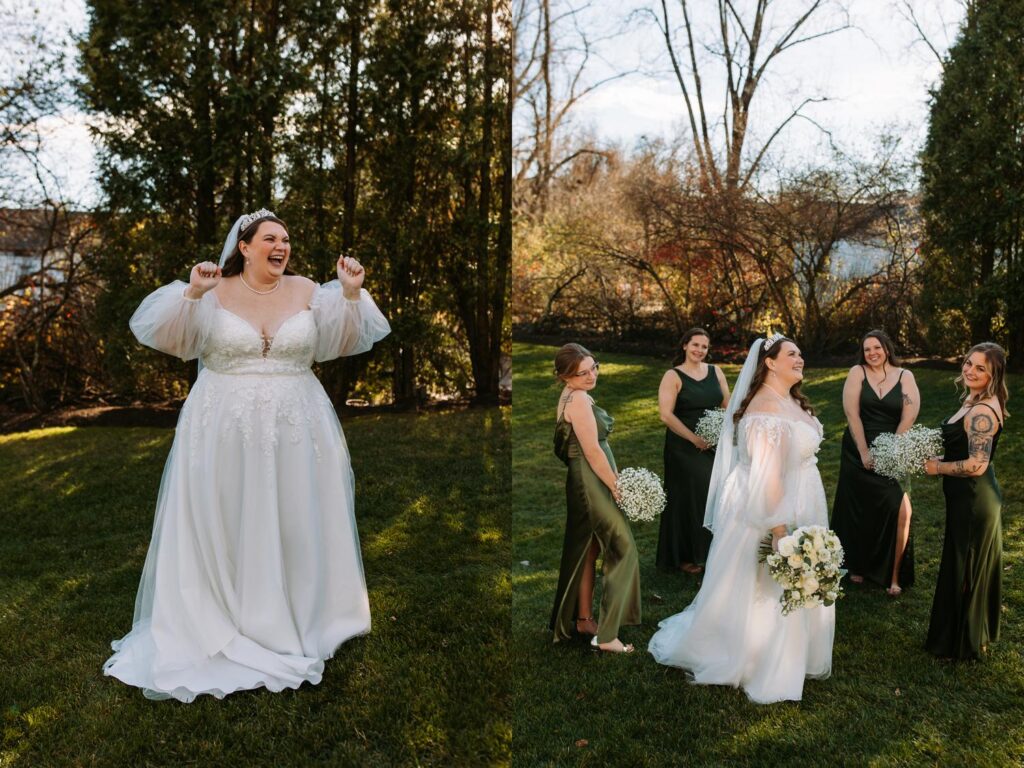 Marlee walking with family outside The Publick House in Sturbridge Massachusetts on wedding day