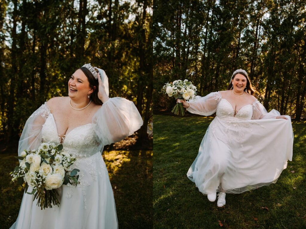 Marlee twirling in wedding dress during portraits at The Publick House in Sturbridge Massachusetts