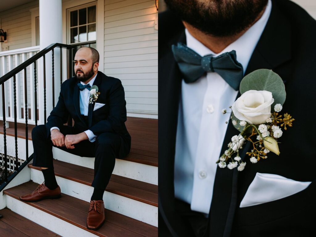 Dominic sitting on porch steps at The Publick House wedding in Sturbridge Massachusetts