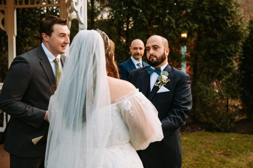 Dominic seeing Marlee walk down the aisle at The Publick House wedding in Sturbridge Massachusetts