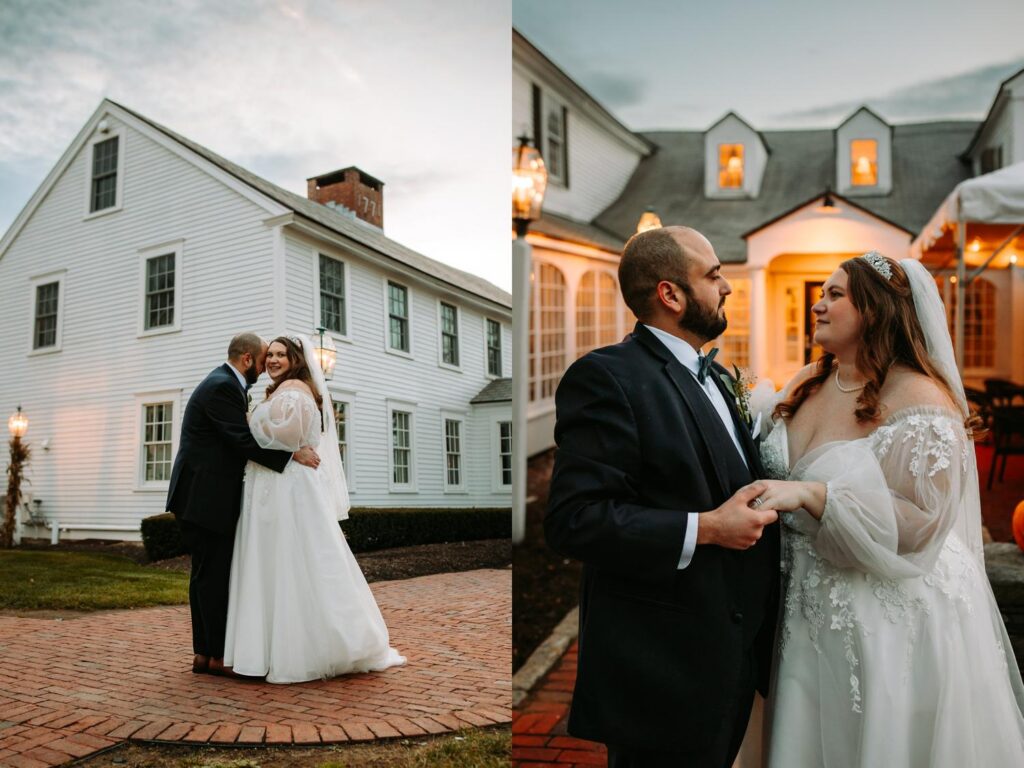 Bride and groom embracing on a brick walkway with soft evening light