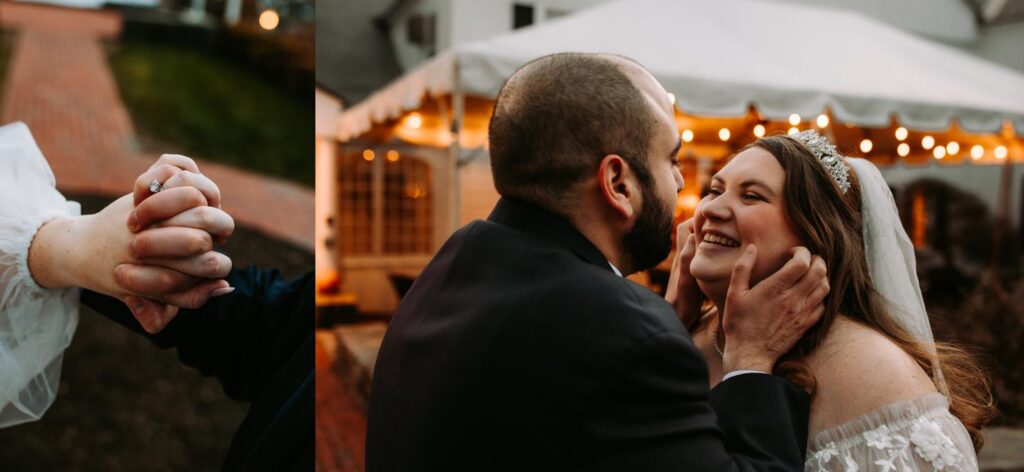 Groom gently holding the bride’s face as they laugh together during golden hour