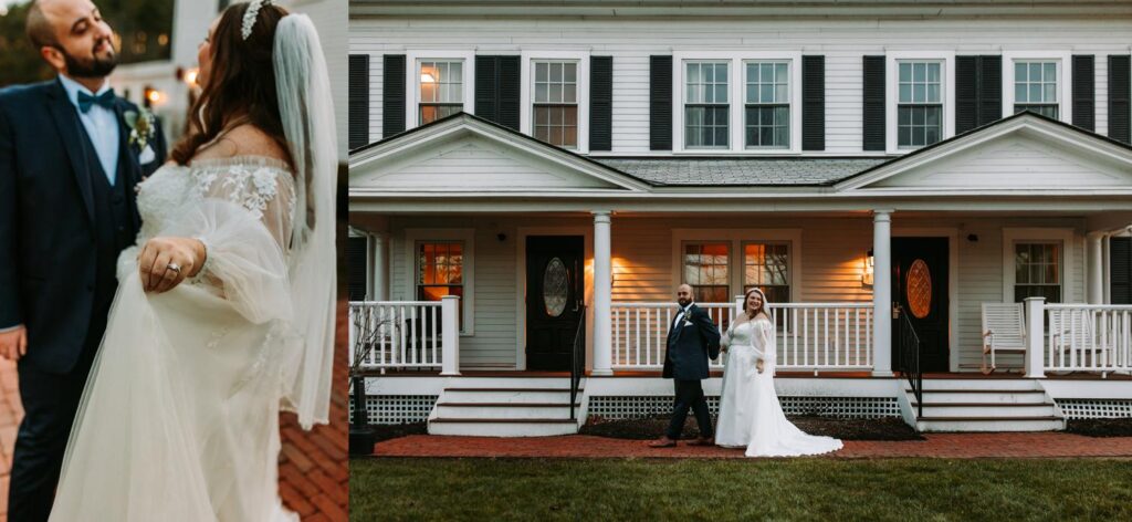 Bride and groom standing in front of a classic New England house with white siding and black shutters