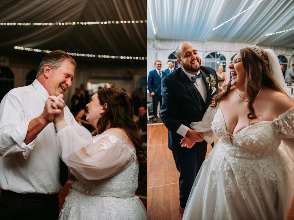 Bride and groom dancing together, smiling widely during the reception