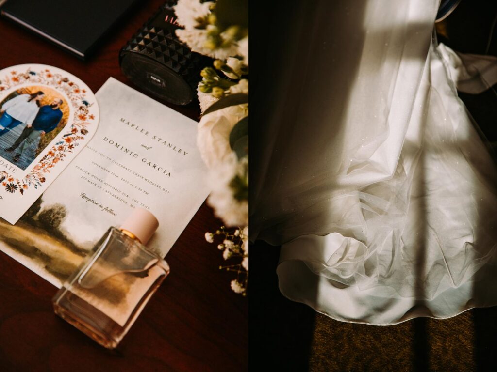 Wedding details flat lay with stationery and accessories at The Publick House wedding in Sturbridge Massachusetts