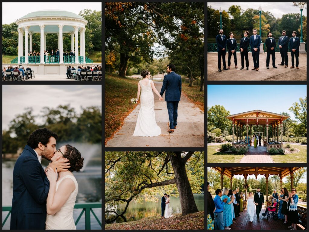 A grid of wedding photos at Roger Williams Park in Providence, Rhode Island
