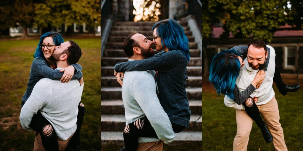 Engagement photos at Cumberland Public Library in Rhode Island
