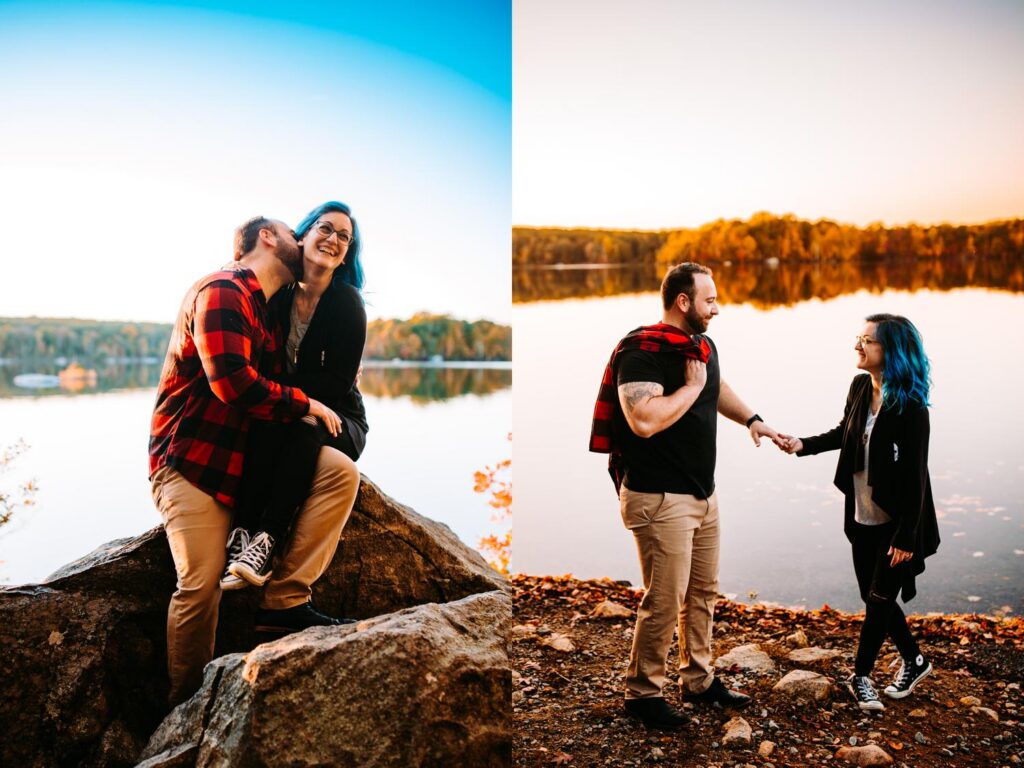 Dancing couple at their engagement session in the fall at Lincoln Woods State Park