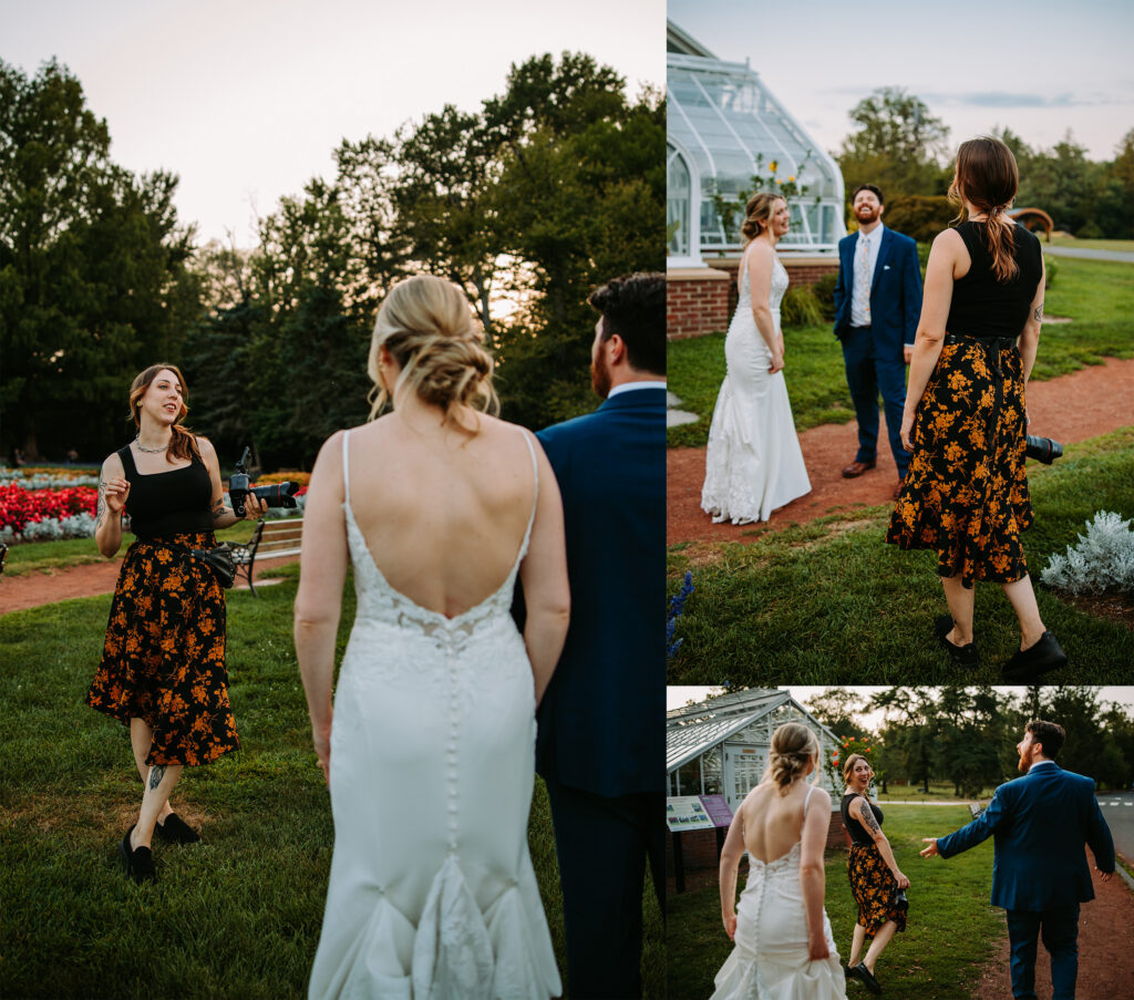 A wedding photographer guides a couple at Elizabeth Park in Hartford, Connecticut