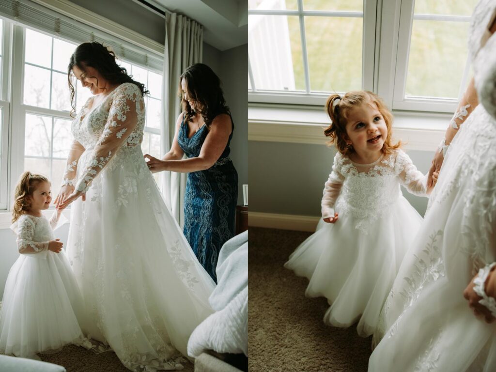 Mom helping bride into her lace wedding gown before her Elizabeth Park wedding in West Hartford CT