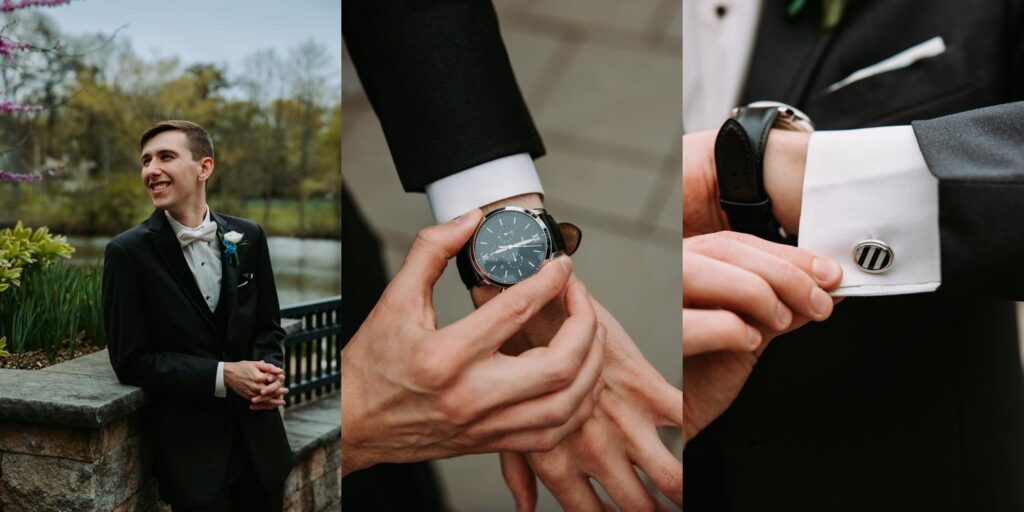Close-up detail of groom's watch on his wrist, wedding day detail shot