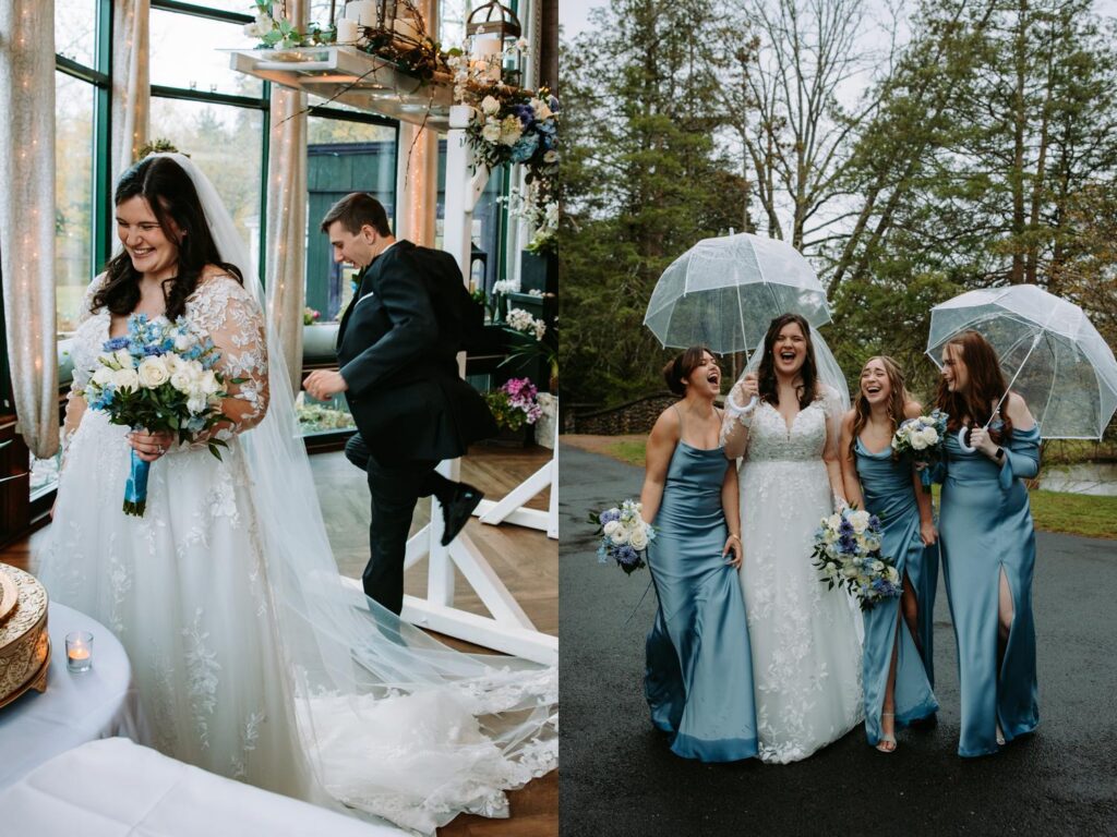 Wedding party walking outside in the rain with clear umbrellas, Elizabeth Park West Hartford