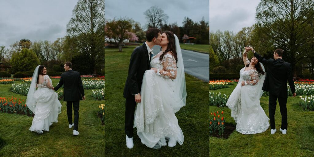 Bride and groom embracing in tulip garden at Elizabeth Park, spring wedding portraits