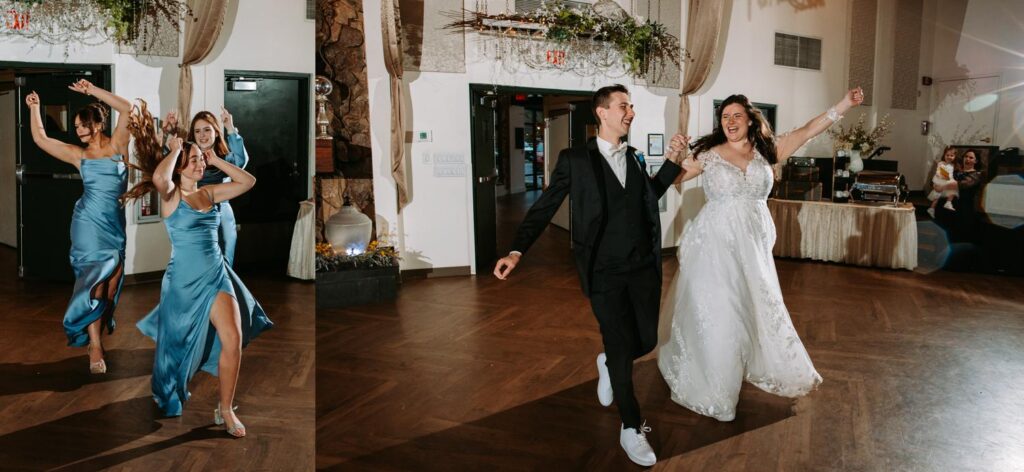 Bride and groom grand entrance into Pond House Cafe reception, guests cheering