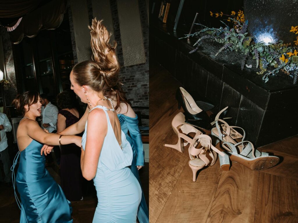 Wedding shoes abandoned on the dance floor as guests dance barefoot, fun reception detail