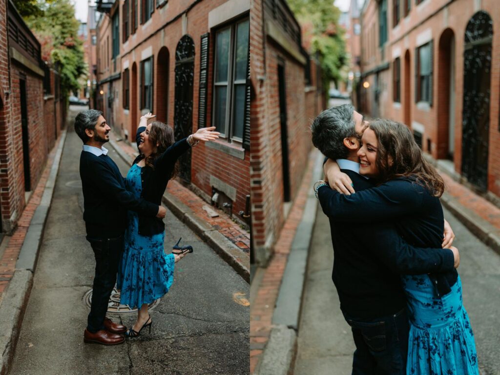 Kelsey and Ankit sharing a warm hug on Acorn Street, historic brick rowhouses behind them