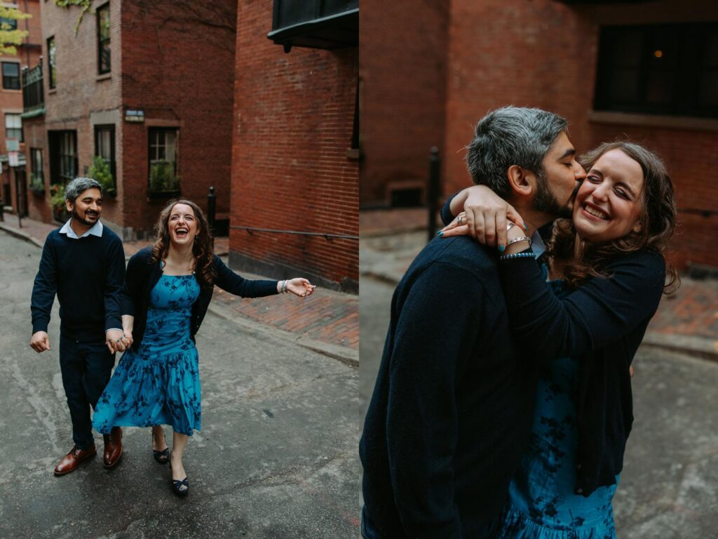 Split image of couple walking on rain-wet Beacon Hill during their candid engagement session in Boston
