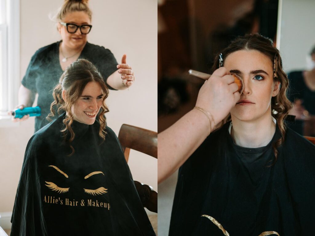Bride getting her hair and makeup done by stylist from Ellie's Hair and Makeup before her Bluebird Farm wedding