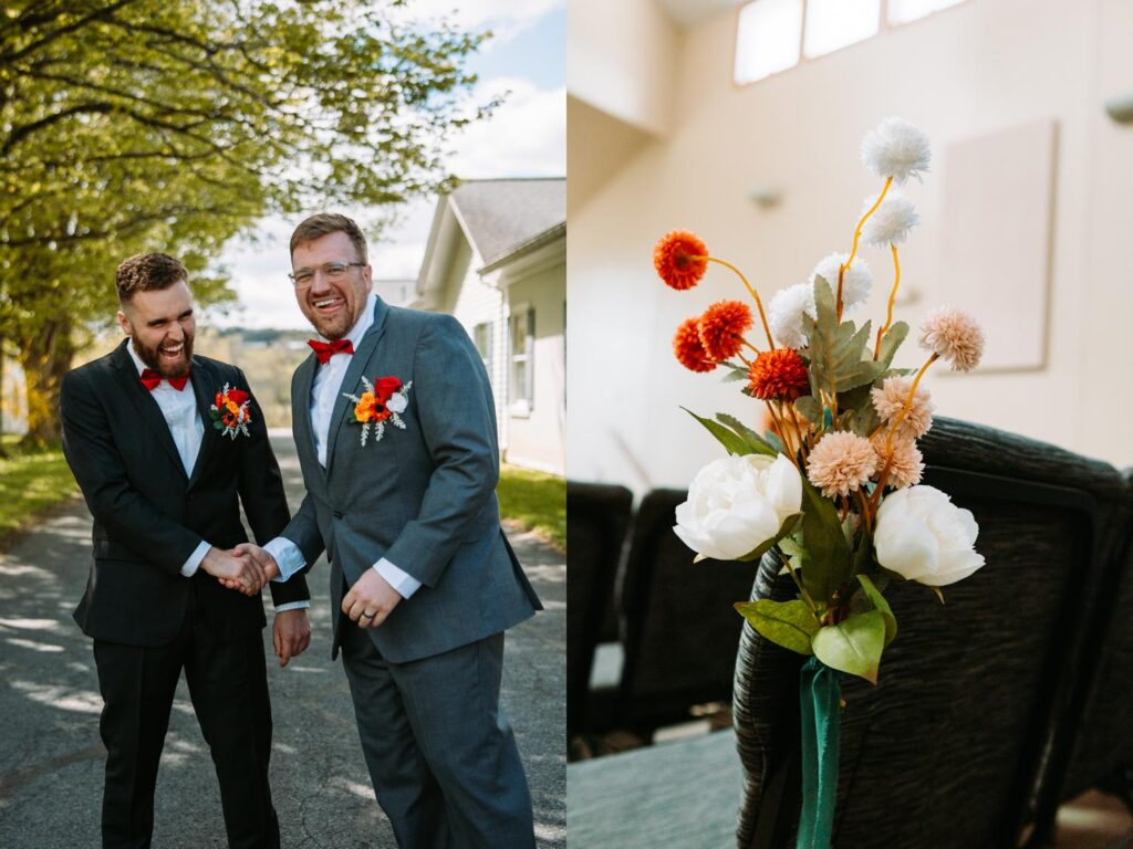 Groom with orange and red boutonniere with chili pepper detail standing outside white church with groomsman before ceremony