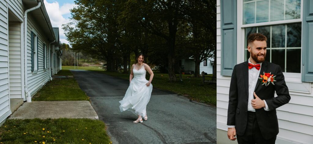 Bride running in her wedding dress outside the church, skirt flying, candid joyful moment
