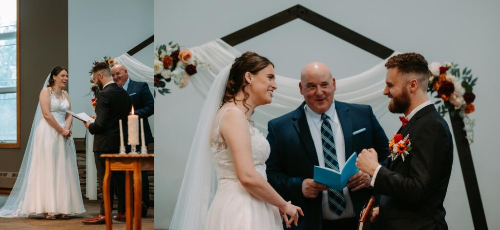 Bride and groom at the altar with officiant, wooden floral arch framing them during the ceremony