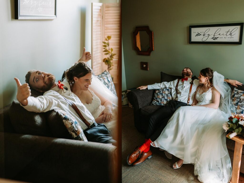 Candid post-ceremony moment, groom lying on a couch with feet up showing Red Sox socks, bride laughing beside him