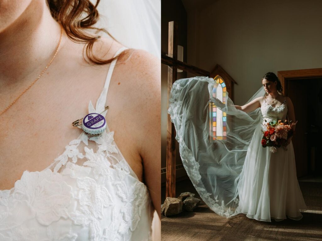 Close up detail of grape soda bottle cap from the movie Up pinned to bride's dress, veil blowing, meaningful wedding detail