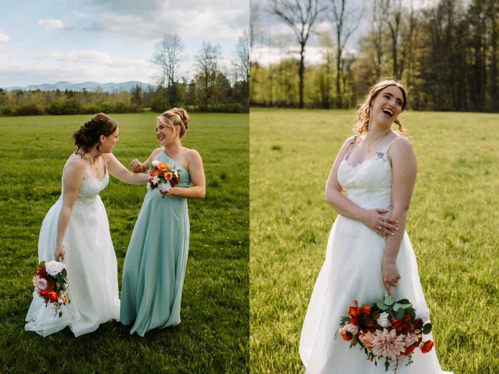 Bride laughing with a bridesmaid in the green Bluebird Farm field, genuine and unposed
