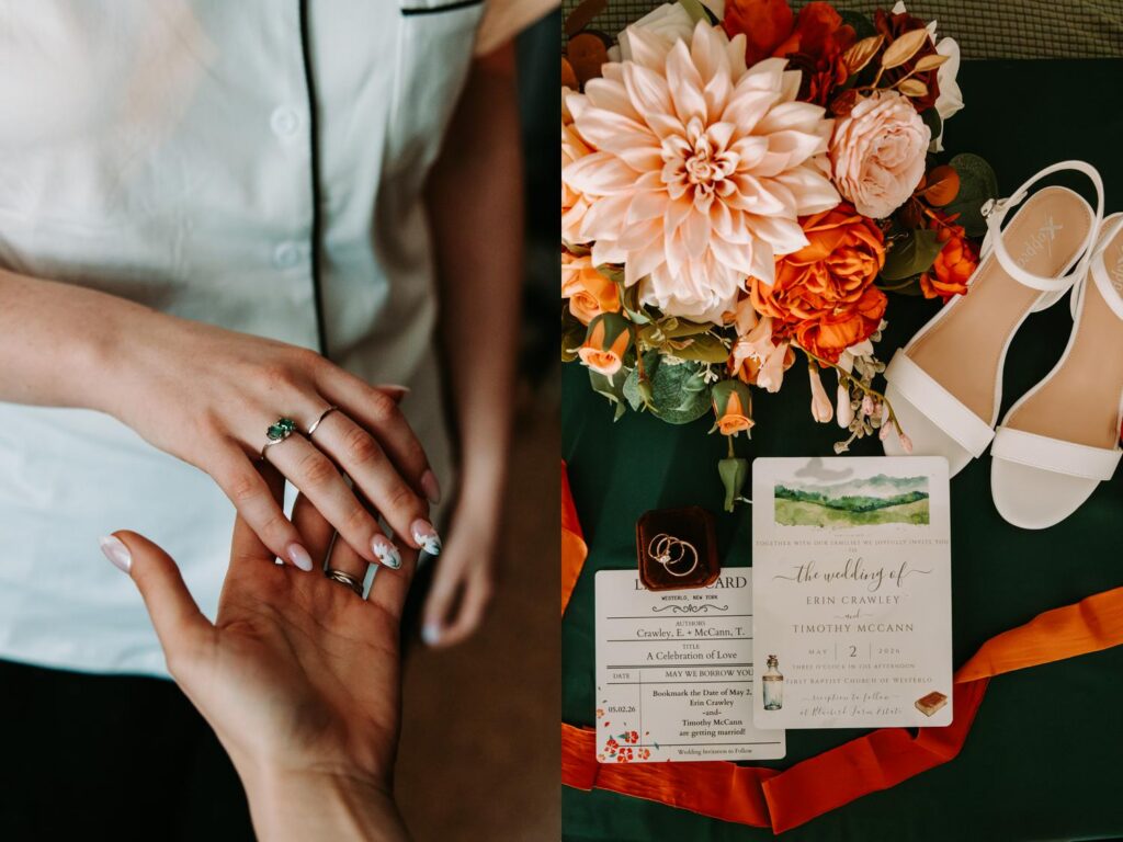Wedding detail flat lay with engagement ring, orange dahlia, white shoes, and handmade wedding invitation