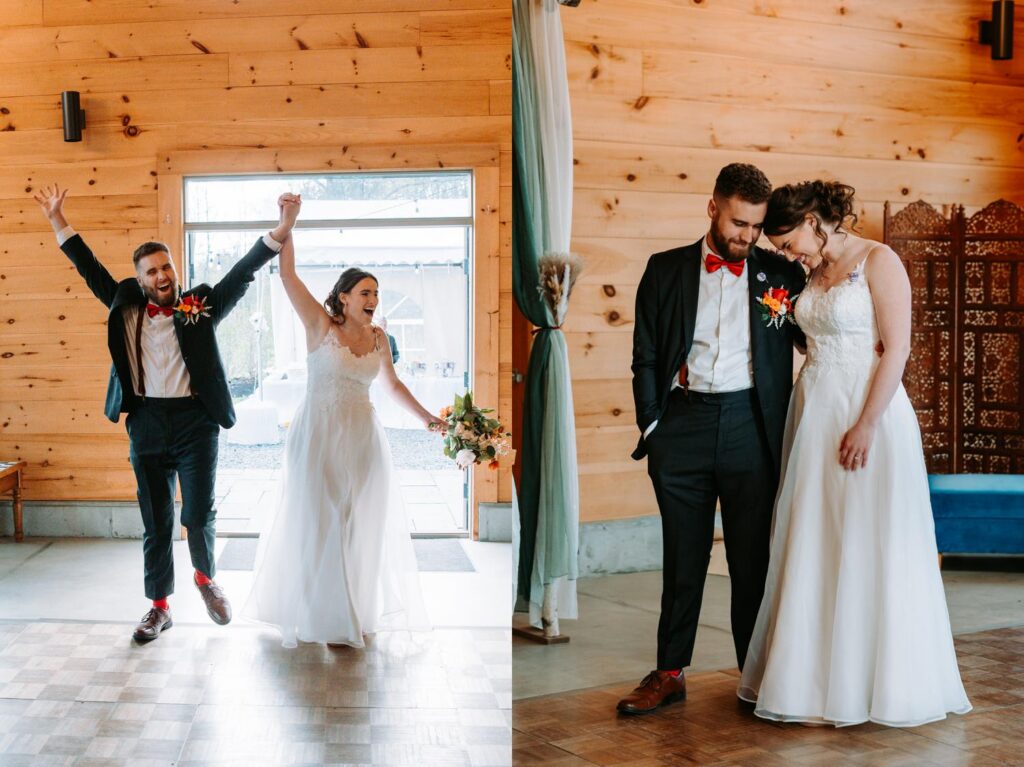 Bride and groom during their grand reception entrance, warm barn interior behind them