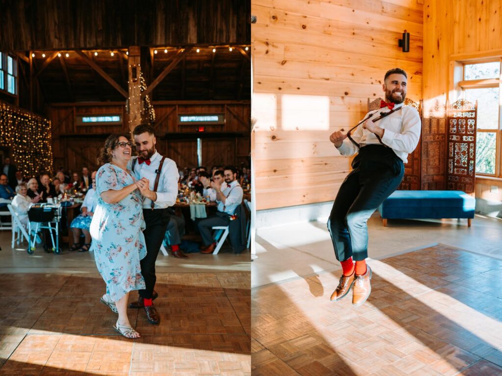 Mother and son dance, Tim waltzing with his mom in a floral dress, red Red Sox socks visible, Bluebird Farm reception