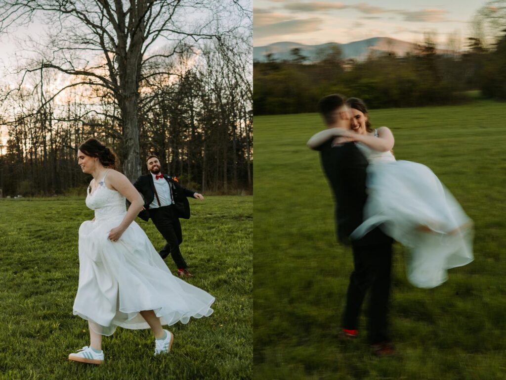 Groom spinning bride in the golden hour field, wedding dress flying, Catskill Mountains in the background