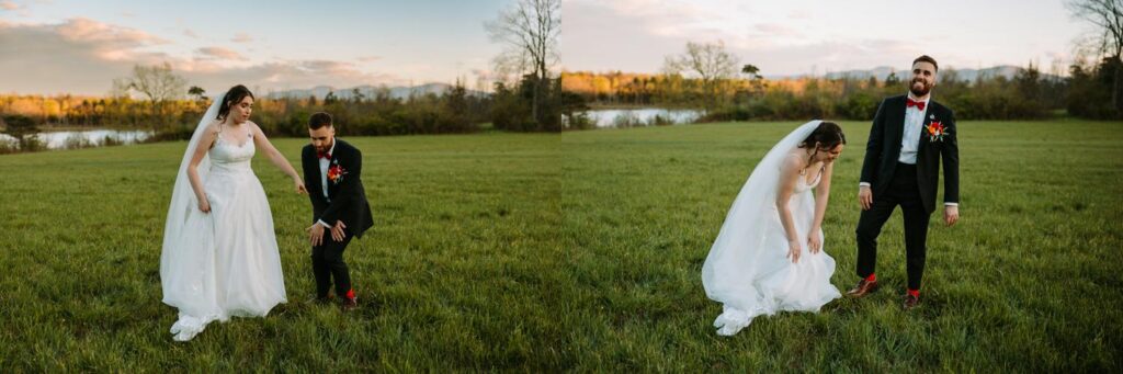 Side by side golden hour portraits of bride and groom in the field at Bluebird Farm, landscape and mountains in background