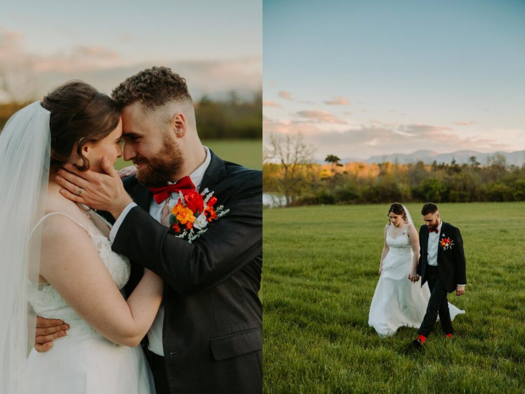 Bride and groom close and laughing in the field at sunset, orange dahlia bouquet against the golden light