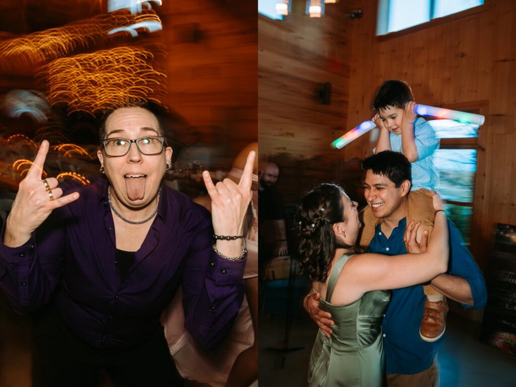 Wedding guest making rock hands and fully losing themselves on the dance floor, candid reception moment