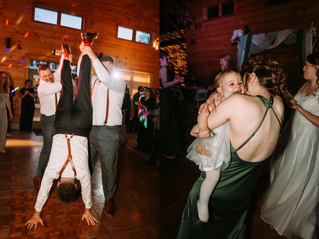 Groom doing an acrobatic handstand or flip on the dance floor, crowd reacting, Bluebird Farm barn