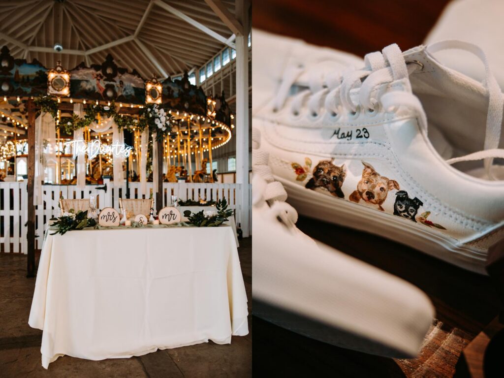 Lighthouse Point Park carousel pavilion lit with warm string lights; close up of Nicole's white sneaker painted with her four dogs and the date May 23