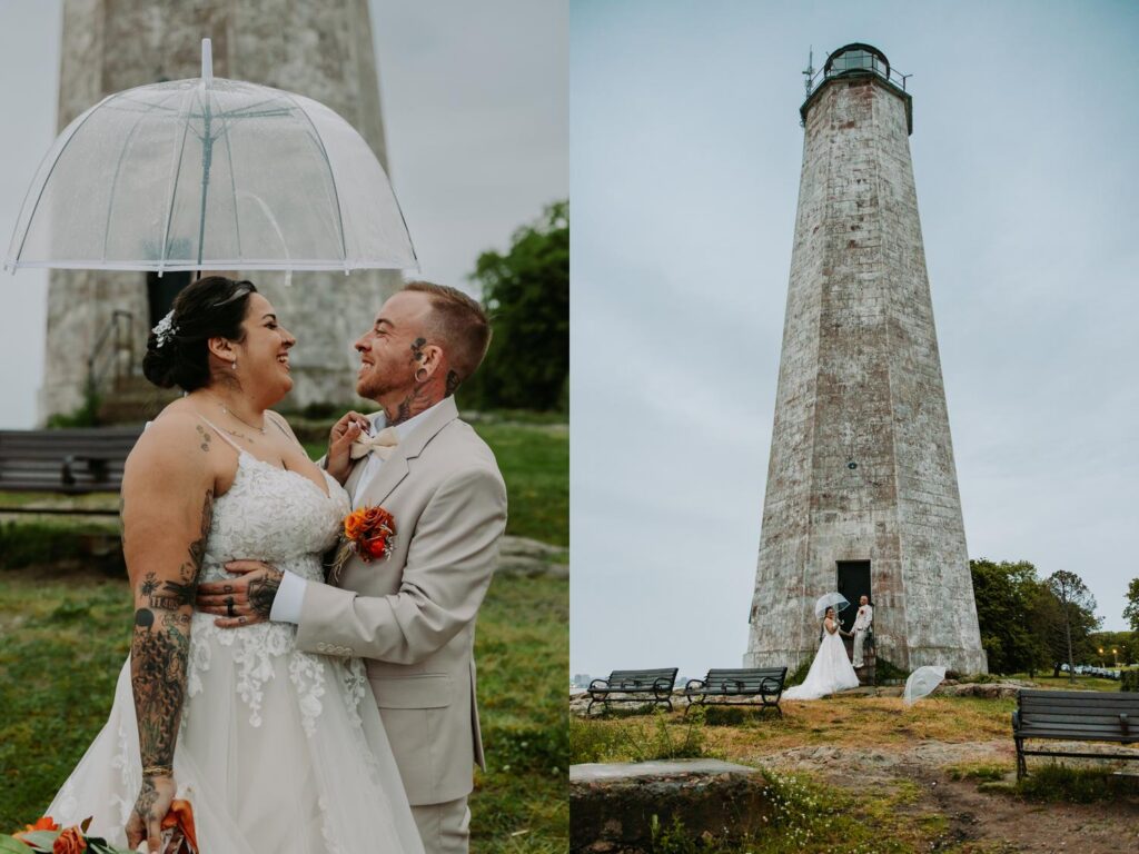 Nicole and Sabin laughing together near the base of the lighthouse; wide shot of Nicole tiny in front of the full Lighthouse Point Park lighthouse, grey sky