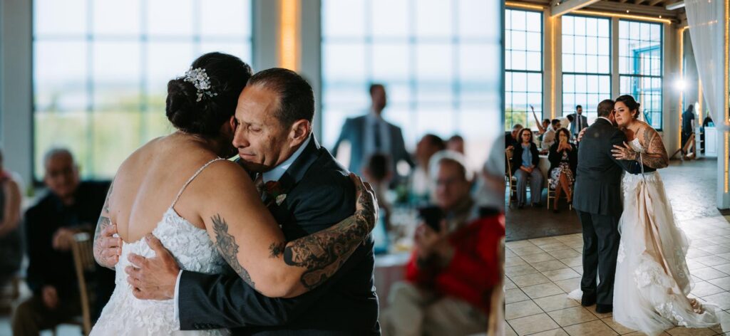Emotional family embrace on the dance floor during the reception, candid documentary wedding moment